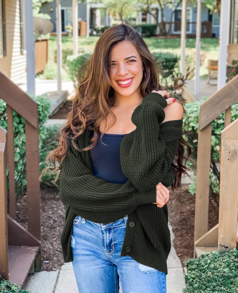 QUALFORT Women's 100% Cotton Cardigans Sweaters for Women Button up Lantern Sleeve Fall Cardigan for Women 2026 Green XXX-Large - Image 2